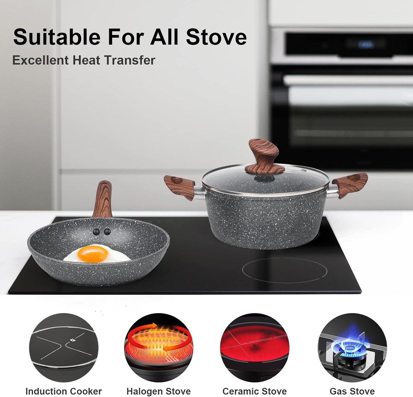 Granite Pots and Pans Set Non Stick, 11 Piece Die-Cast Induction Cookware Set, Nonstick Kitchen Cooking Set w/Frying Pans & Saucepans(PFOS,PFOA,PFAS,PTFE Free)