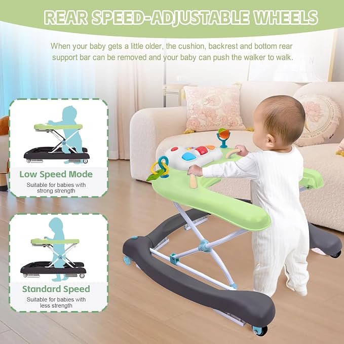 5 in 1 Foldable Baby Walker, Activity Baby Walker-Baby Bouncer, Rocker, Activity Center,Seat and Push Walker,Detachable Trampoline Mat, Adjustable Speed Rear Wheels and Height,Ages 6-18 Months(Green)