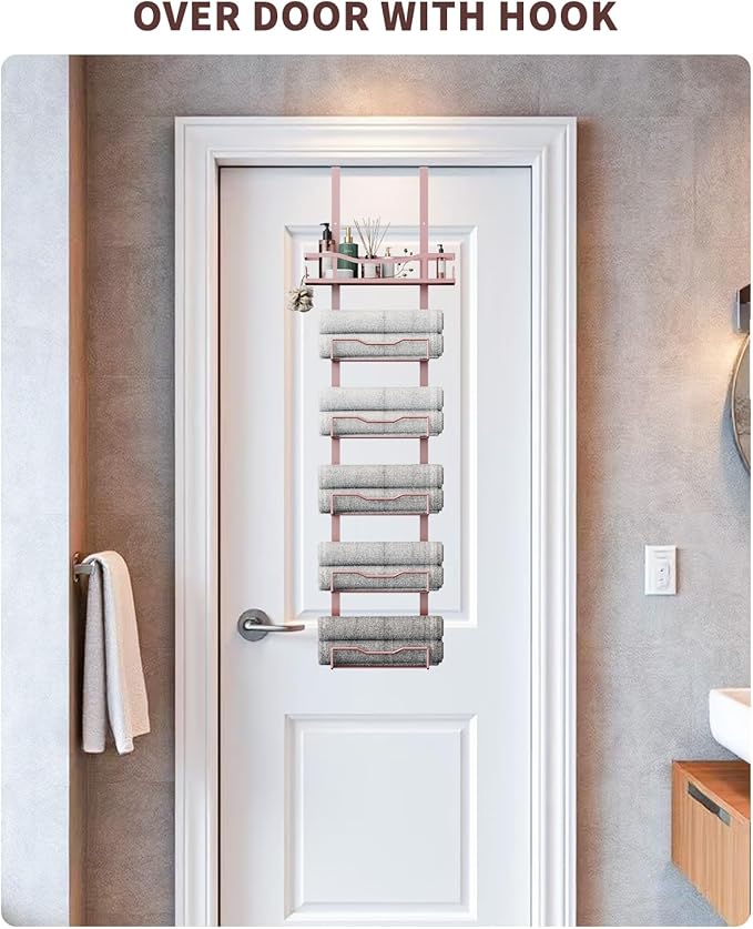 Hanging Towel Racks for Bathroom No Drill - 6-Tier Over The Door Bath Towel Storage Organizer for Small Bathrooms - Tiered Back of Door Towel Holder Hanger for Rolled Towels RV Camper Rose Gold