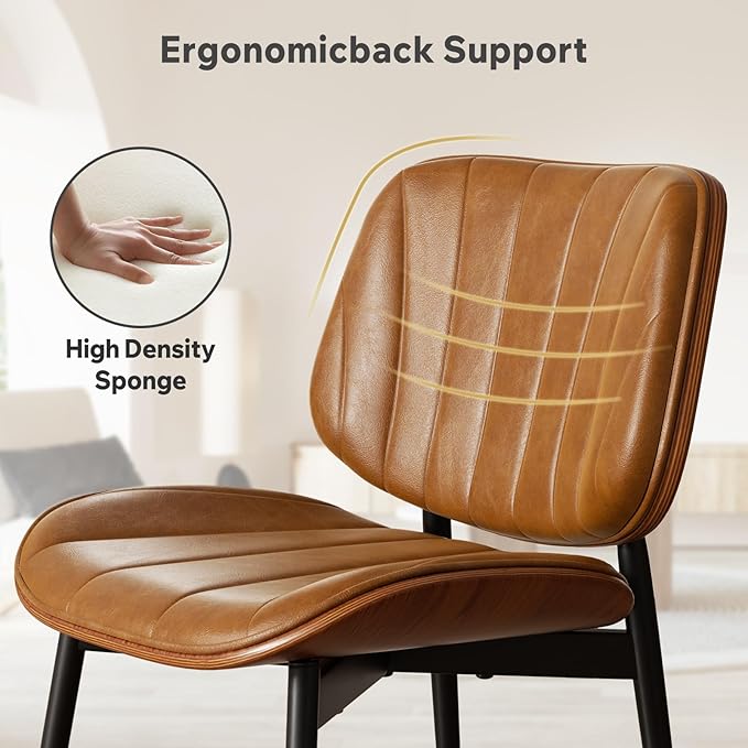 Dining Chairs Set of 2, Mid Century Modern Dining Room Chair, Upholstered Faux Leather Kitchen Chairs with Walnut Bentwood Back and Metal Legs for Kitchen Dining Room Living Room, Brown