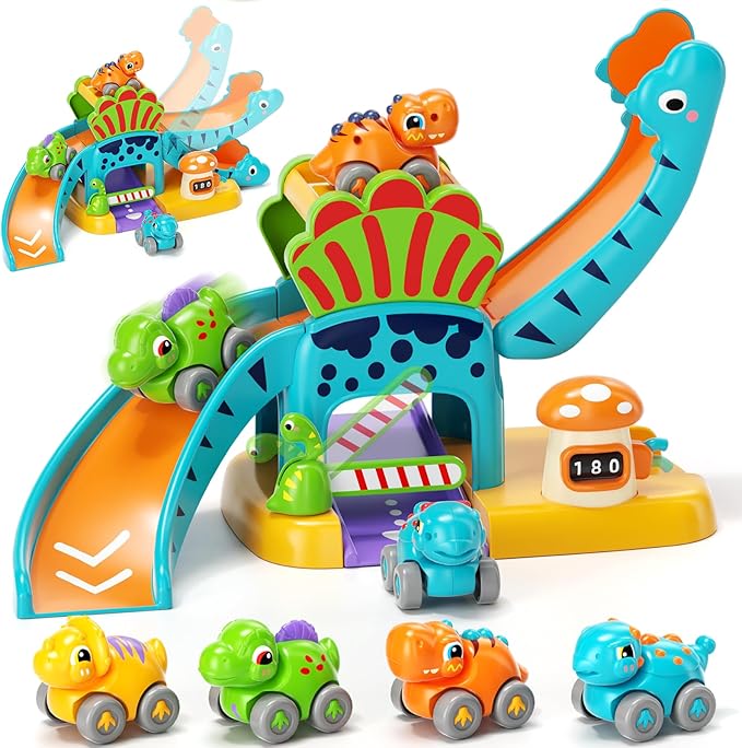 Lehoo Castle Toys for 1 Year Old Boys, Dinosaur Slide with 4 Mini Push Cars for Baby 12-18 Months, Infant Play Vehicle Set, Educational Learning First 1st Birthday Gifts for Kids, Girls, Toddlers 1-3