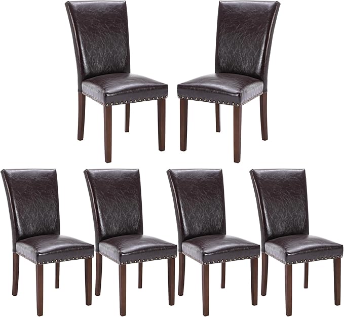 COLAMY Upholstered Parsons Dining Chairs Set of 6, PU Leather Dining Room Kitchen Side Chair with Nailhead Trim and Wood Legs - Dark Brown