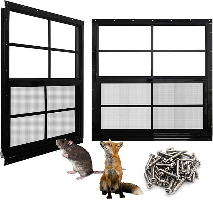 NeatiEase Upgraded Shed Windows 2 Pack, 30" x 30" Windows with Tempered Glass and Stainless Steel Screen for Shed, Chicken Coop, Playhouse, Household, Garage(Black)