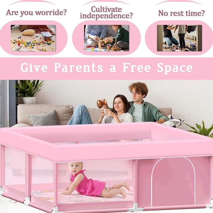Pink Baby Playpen with Mat, 50x50 Inch Playpen with Mat Waterproof for Babies and Toddlers Play Pen for Girls Pink Playards Safety Gate Fence Active Center Indoor