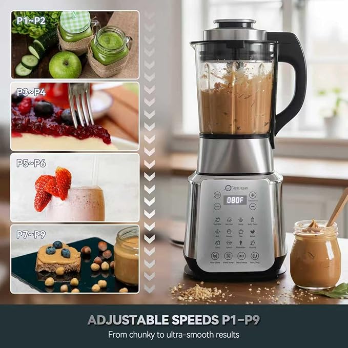 Glass Blenders for Kitchen – Stainless Steel Professional Blender for Smoothies 1500W Motor, Nut Milk Maker Machine 9 Adjustable Speeds, 14 Preset Programs, BPA-Free Glass Jar blender, Soy Milk, Soups