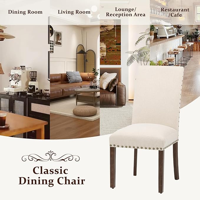 Furniliving Upholstered Wood Dining Chairs High Back Dining Room Chairs with Wooden Legs for Kitchen Dining Room Living Room. (Beige, Set of 2)