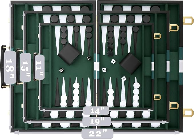 Backgammon Set - Classic Board Game with Premium Leather Case - Portable Travel Strategy Backgammon Game Set for Adults, Kids (18inch, Black)