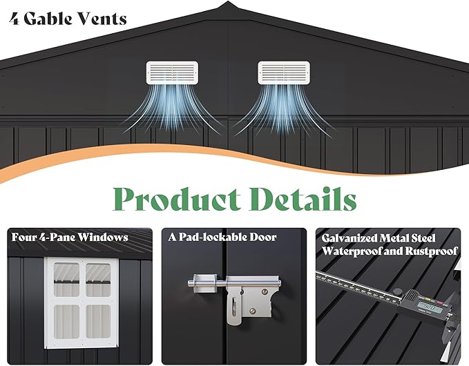 AMERLIFE 10x21x7.3 FT Outdoor Metal Garage Shed, Extra Large Storage Shed with Double Hinged Doors & 4 Windows, Carport for Car, Midsize SUV, Bike and Equipment Storage, Dark Gray