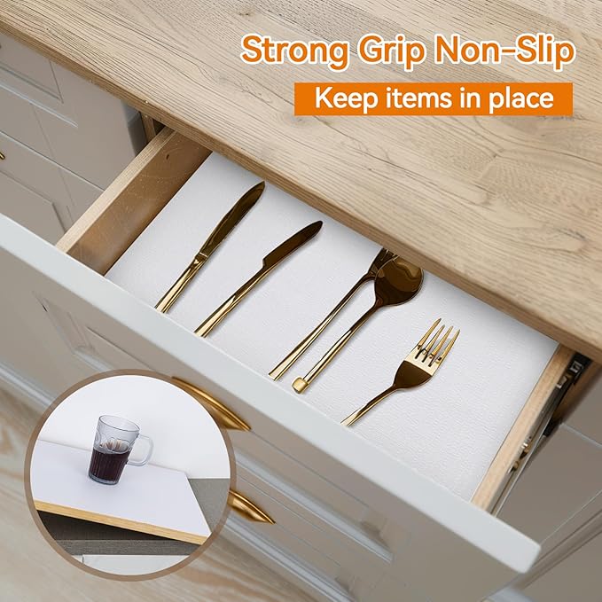Shelf and Drawer Liner for Kitchen Cabinets Non-Adhesive, Strong Grip Non-Slip Thickened Cabinet Liners for Shelves, Waterproof Mats for Dresser Cupboard, White, 12 in x 10 Feet