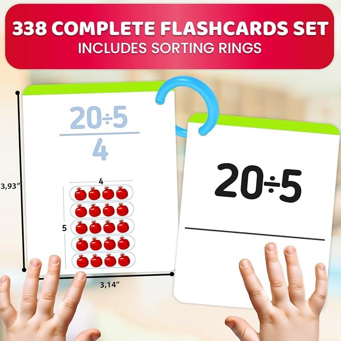 QUOKKA Multiplication and Division Flash Cards for Kids Ages 4-8 – 338 Math Flashcards for Kids 5-7 - Visual Aids | Sorting Rings | Reference Cards – Math Games 1st to 3rd Grade for Classroom & Home