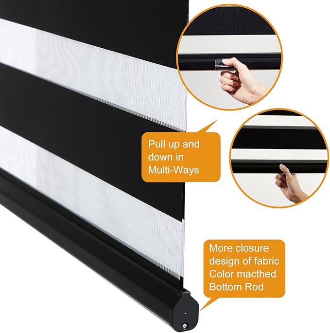 Persilux Cordless Zebra Blinds for Windows (58" W X 72" H, Black) Free-Stop Roller Windows Shades Dual Layer Light Control for Day and Night, Light Filtering Sheer Shades for Home, Easy to Install