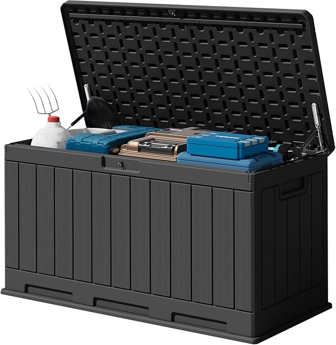 Devoko 90 Gallon Double-Wall Deck Box, Side Handles, HDPE Outdoor Large Storage Box Waterproof and Lockable for Patio Furniture, Garden, Pool (Black, 90 Gallon)