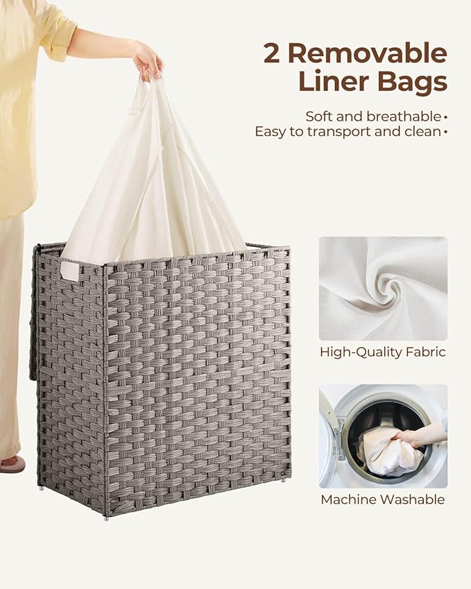 Greenstell Laundry Hamper with lid, No Install Needed, 110L Wicker Laundry Baskets Foldable 2 Removable Liner Bags, 2 Section Clothes Hamper Handwoven Rattan Laundry Basket with Handles, Gray