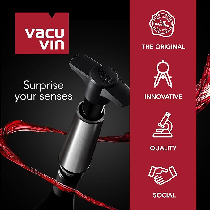 Vacu Vin Wine Saver Pump Pink with Vacuum Wine Stopper - Keep Your Wine Fresh for up to 10 Days - 1 Pump 8 Stoppers - Reusable - Made in the Netherlands