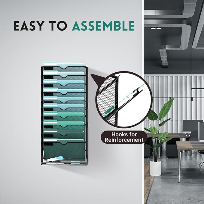 SUPEASY 11-Tier Wall File Organizer, Hanging Wall Files for Papers, Folders, Magazines, Wall Organizer for Clipboard, Assembly Needed, Black