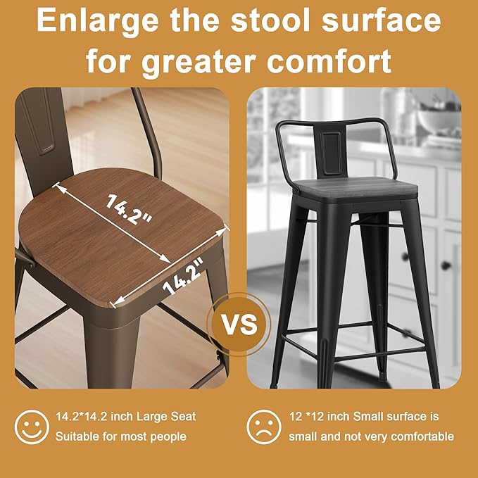 Andeworld Metal Bar Stools Set of 2, 26 inch Counter Height Barstools with Backs Farmhouse Modern High Back Bar Stools with Larger Seat Kitchen Dining Bar Chairs,Rusty