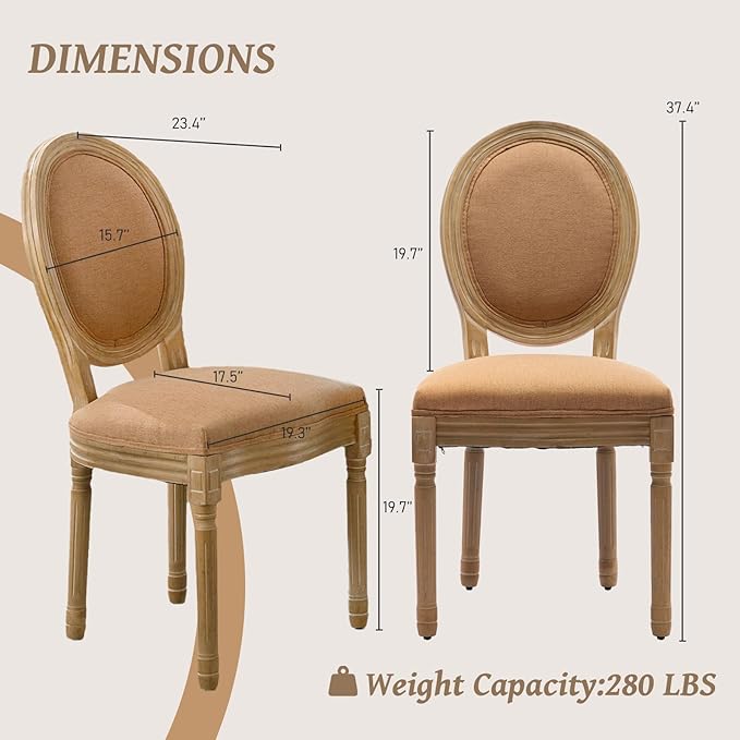 French Country Dining Chairs Set of 6,Farmhouse Upholstered Dining Room Chairs with Round Back and Solid Leg,Fabric Kitchen Side Chairs for Kitchen/Bedroom/Dining Room,Tan