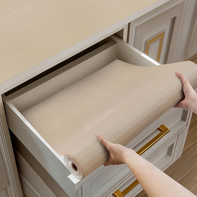 Shelf and Drawer Liner for Kitchen Cabinets Non-Adhesive, Strong Grip Non-Slip Thickened Cabinet Liners for Shelves, Waterproof Mats for Dresser Cupboard, Khaki, 12 in x 10 Feet