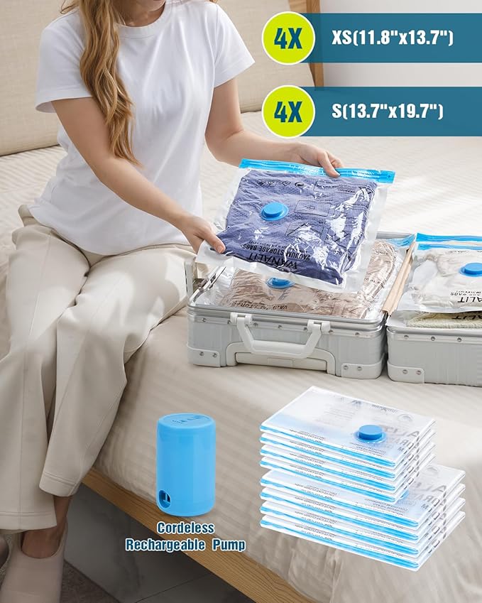 Vacuum Storage Bags for Travel, 8 Pack (4S+4XS) Vacuum Seal Bags with Wireless Rechargeable Electric Pump, Travel Essentials Space Saving Compression Bag for Clothes, Luggage, Suitcase, Backpack, Trip