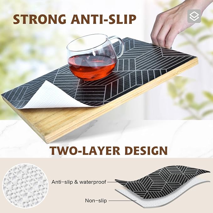 Shelf Liners for Kitchen Cabinets 12in x 20FT, Non Adhesive Cabinet Liner Strong Non-Slip Black and Silver Geometric Drawer Liner, Easy to Clean for Shelf, Cabinet with Knife and Tape Measure