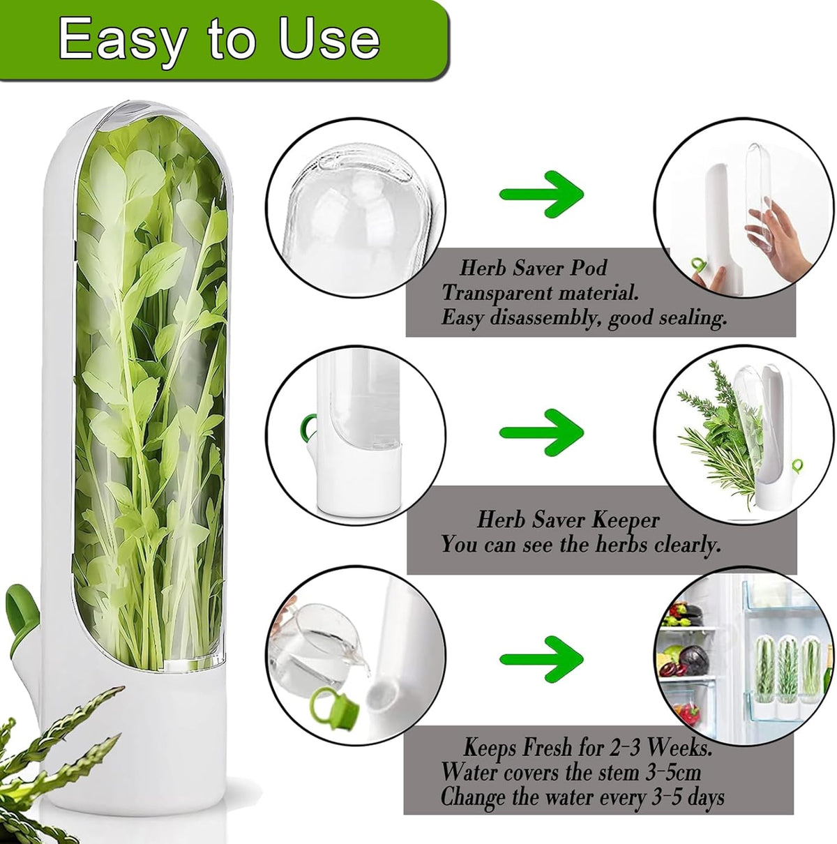 Herb Saver for Refrigerator, Herb Saver Pod Cilantro Containers for Refrigerator, Fresh Herb Keeper for Cilantro, Parsley, Asparagus, Mint, Keeps Vegetables for 2-3 Weeks (1PCS)