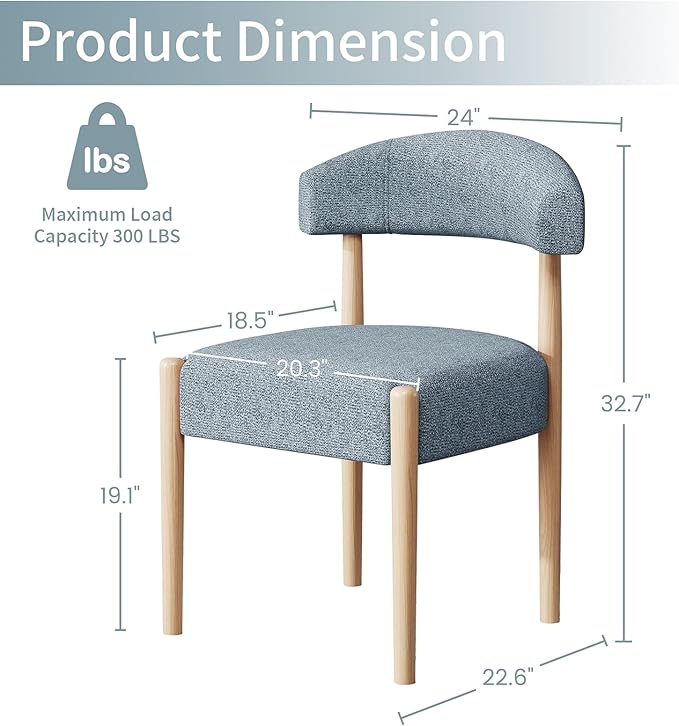 VKNOW Wooden Dining Chairs Set of 4, Modern Upholstered Dining Room Chairs with Rubberwood Legs and Curved Backrest, Fabric Kitchen Chairs for Farmhouse/Living Room/Dining Room, Blue