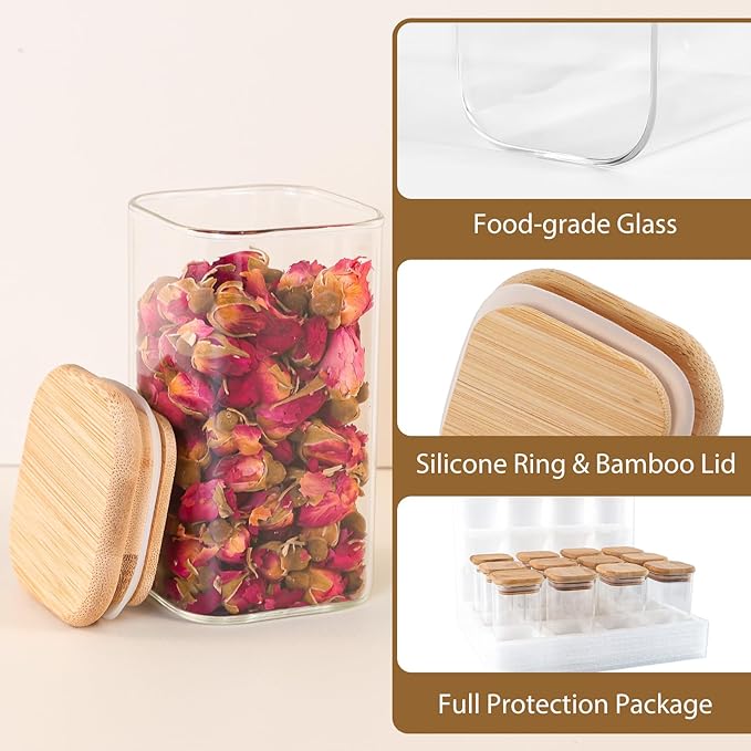 TBWIND 12 Pack 8 oz Square Glass Spice Jars with Lids and Labels – Airtight Small Spice Containers Set, Clear Glass Storage Jars for Seasoning, Spices, Kitchen Pantry Organization