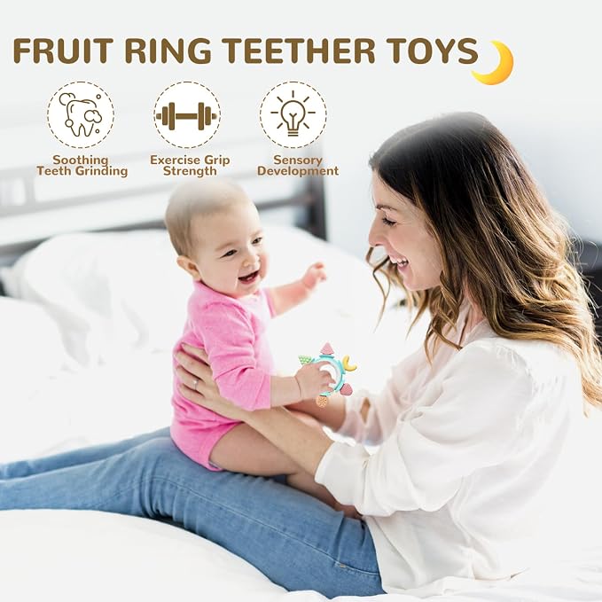 Hooku Silicone Teethers for Babies 6-12 Months, Teething Toys for Babies 0-6 Months, Baby Fruit Teethering Rings, BPA Free Baby Chew Toys, Infants Gifts