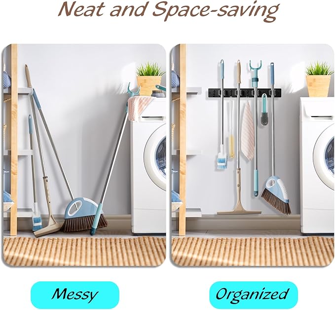 Black Mop Broom Holder Wall Mount with 4 Slots & 4 Hooks - Rustic Wood Broom Mop Hanger for Pantry Closet Laundry Room Organization - Heavy Duty Garden Tool Organizer - Black Kitchen Decor
