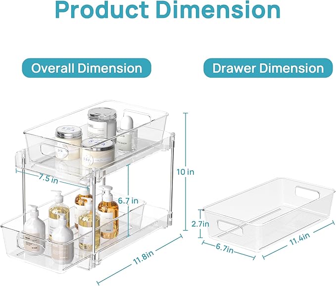 Vtopmart 4 Pack Bathroom Organizer, 2 Tier Clear Under Sink Organizers Vanity Countertop Storage Container,Cabinet Drawers Bins, Pull-Out Organization with Track for Pantry, Kitchen