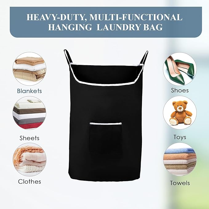 The Fine Living Co. X-Large Hanging Laundry Hamper with Over Door Hooks & Adhesive,Durable Space Saving Laundry Bag with Zipper and Wide Open Top,Hanging Dorm Laundry Hamper 20"x3.75"x31" (Black-XL)