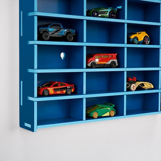 Krafetto Toy Car Display Shelf, Holds 40 Diecast 1/64 Toy Cars, Wall Mount Model Car Storage Organize Case, Blue