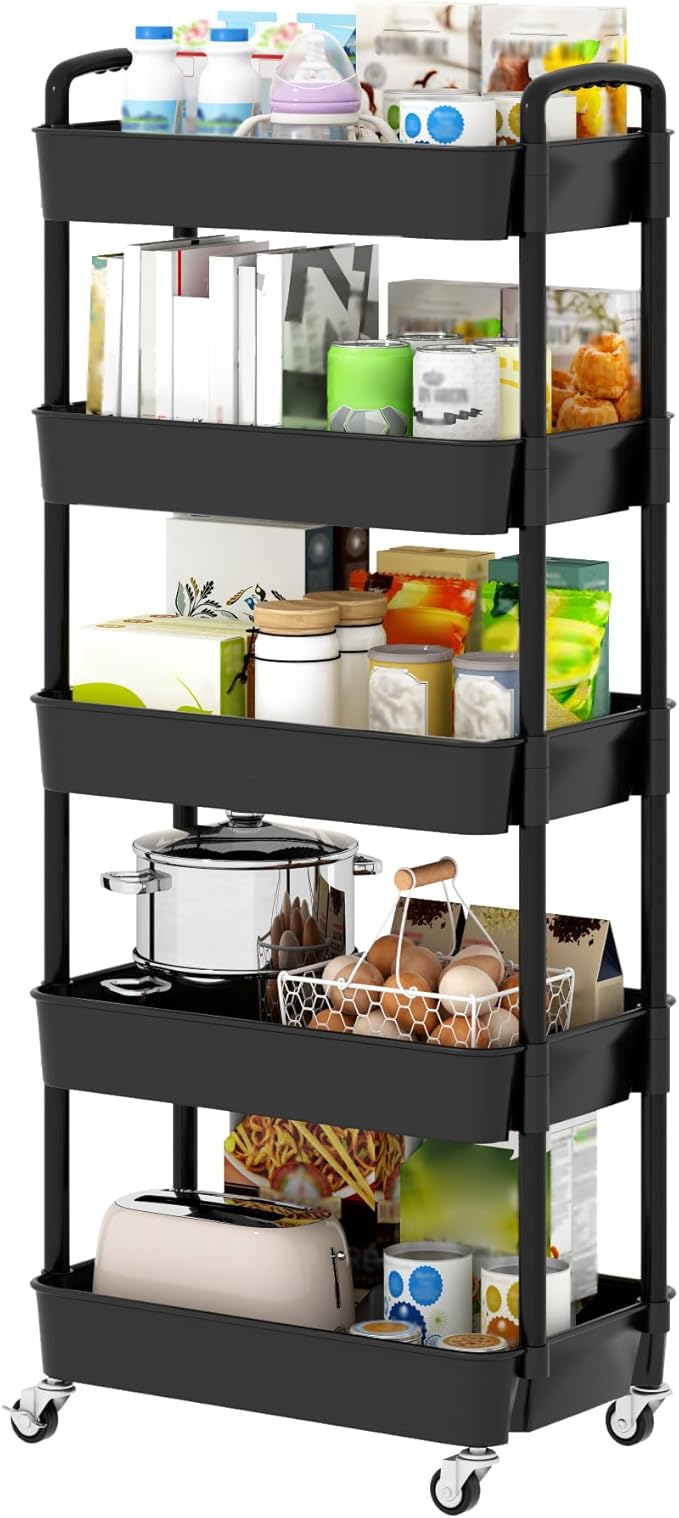 Sywhitta 5-Tier Plastic Rolling Utility Cart with Handle, Multi-Functional Storage Trolley for Office, Living Room, Kitchen, Movable Storage Organizer with Wheels, Black