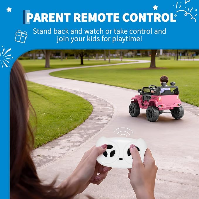 Hetoy 12V Ride on Toys with Parent Remote Control Toddler Electric Vehicle with Spring Suspension, LED Lights, Bluetooth, Music Player, 3 Speeds Ride on Car Truck for Kids Age 3-8 (Pink)