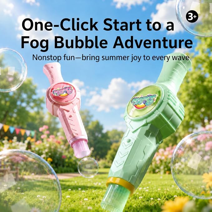 Fog Bubble Machine, Electric Smoke Bubble Maker with Music & Colorful Lights, Magic Interactive Bubble Fog Game for Kids Parties Gift, Includes 3 Refills, Green