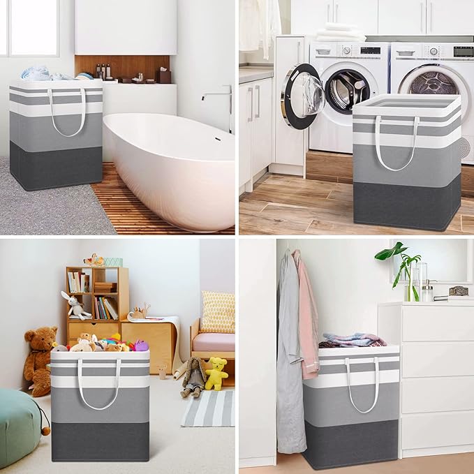 HomeHacks 2-Pack Large Laundry Basket, Waterproof, Freestanding Laundry Hamper, Collapsible Tall Clothes Hamper with Extended Handles for Clothes in The Dorm and Family Gradient Grey, 125L