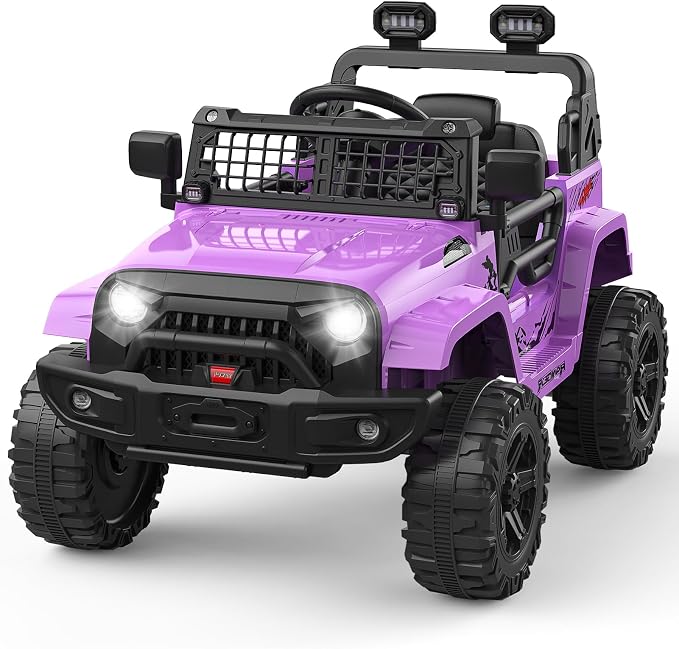 Hetoy 12V Ride on Toys with Parent Remote Control Toddler Electric Vehicle with Spring Suspension, LED Lights, Bluetooth, Music Player, 3 Speeds Ride on Car Truck for Kids Age 3-8 (Purple)