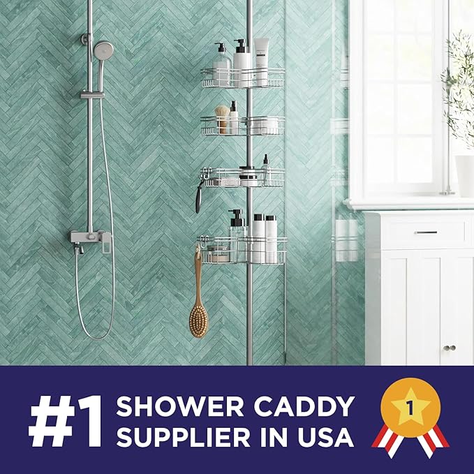 Zenna Home Tension Pole Shower Caddy Corner Organizer, Adjustable Standing Shower Caddy with 4 L-shaped Baskets and Hooks, Rust Resistant Bathroom Tension Rod Organizer, 60 to 97 Inch, Satin Nickel