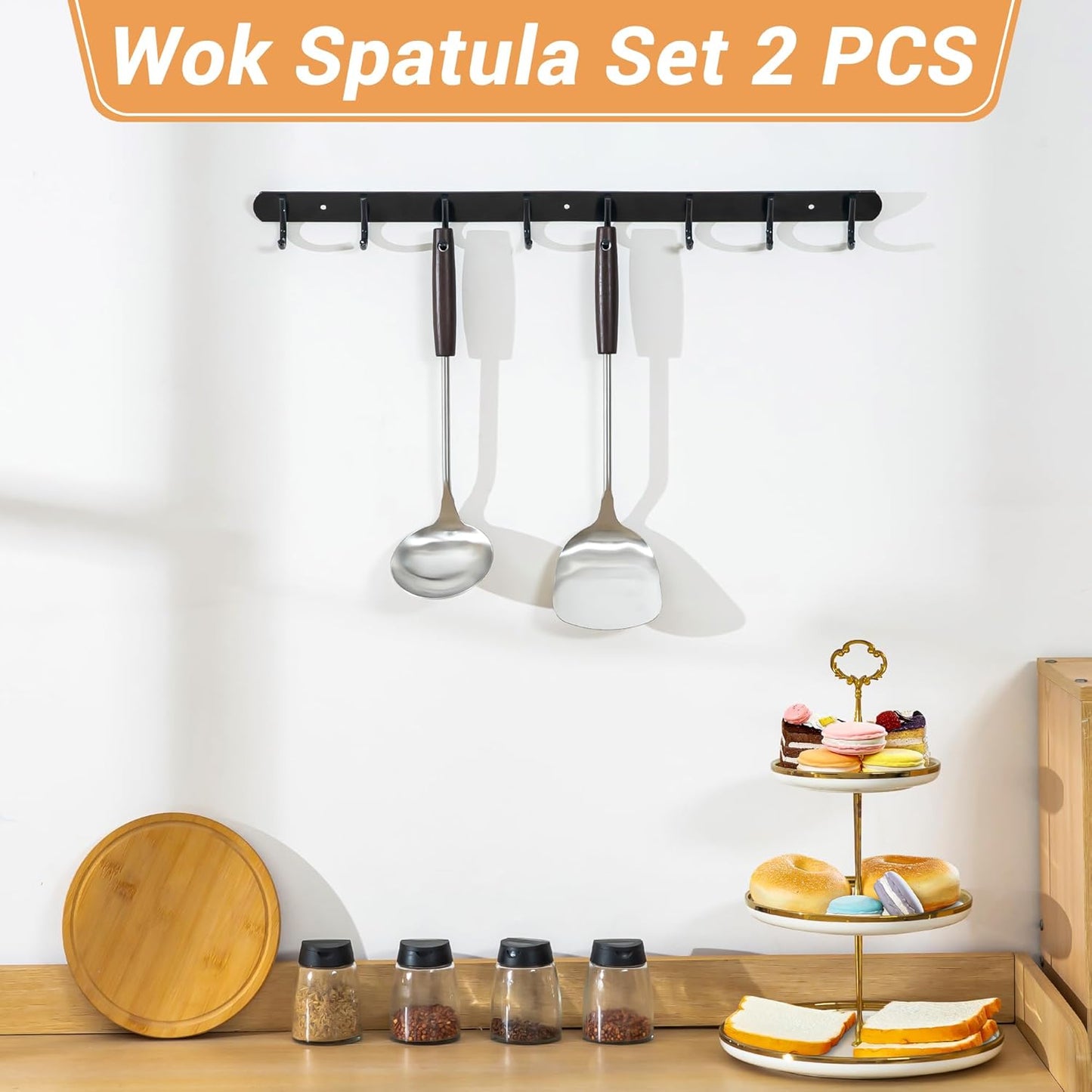 FJNATINH Spatula and Ladle - Set of 2 Wok Tools - Universal Wok Ladle and Spatula - Stainless Steel Cooking Utensils and Wok Accessories,14"-15"
