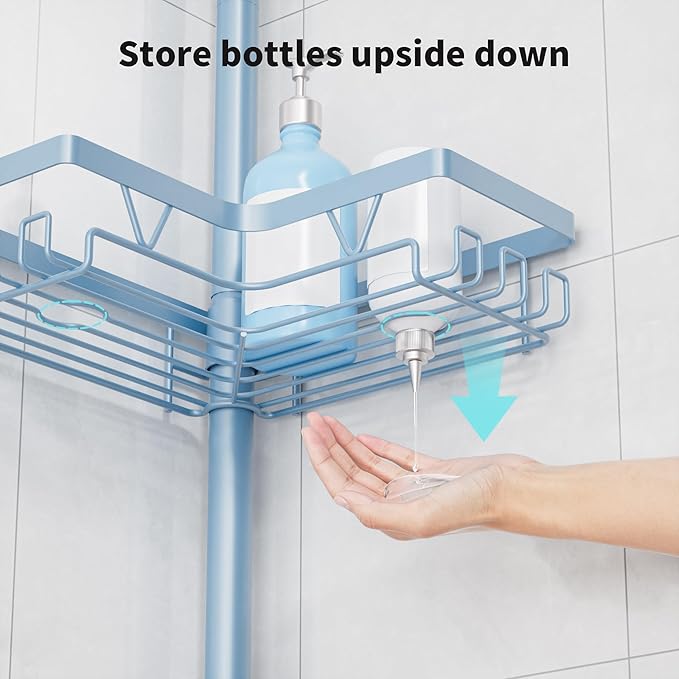 KEGII Shower Caddy Tension Pole, 4-Tier Rustproof Adjustable Corner Bathroom Organizer for Renters, 25–114.2 Inch No Drill Space-Saving Shower Storage Rack, Blue
