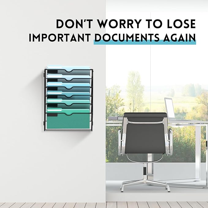SUPEASY 6-Tier Wall File Organizer, Hanging Wall Files for Papers, Folders, Magazines, Wall Organizer for Clipboard, Assembly Needed, Black, 2 Pack