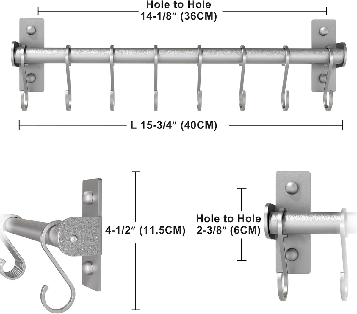 Dseap Kitchen Utensil Holder Hanger, Pot and Pan Rack Wall Mounted, Kitchen Rail with 8 Hooks for Hanging Cooking Utensils, Mugs, Spoons, Wall Mounted, Silver, Pack of 2