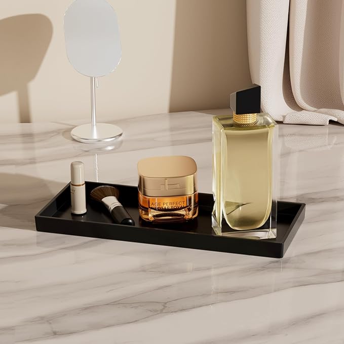 Vanity and Bathroom Tray, 11.8" ABS Countertop Organizer,Waterproof Vanity Tray for Toilet Tank,Perfume,Soap,Keys,Bathroom Accessories,Kitchen and Bath Trays,Non Slip Small Trays,Black,2 Pack