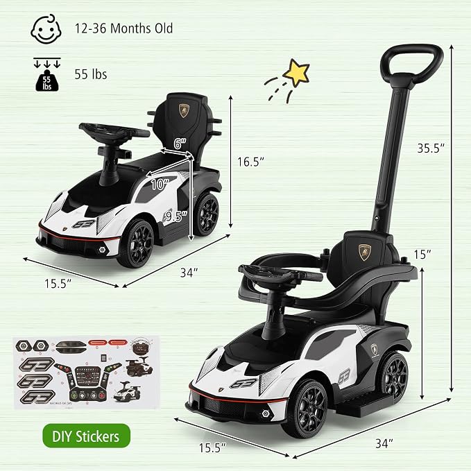 Costzon Push Cars for Toddlers, 3 in 1 Licensed Lamborghini Stroller Sliding Walking Car w/Handle, Armrest Guardrail, Underneath Storage, Horn, Foot-to-Floor Ride On Toy for Boys Girls (White)