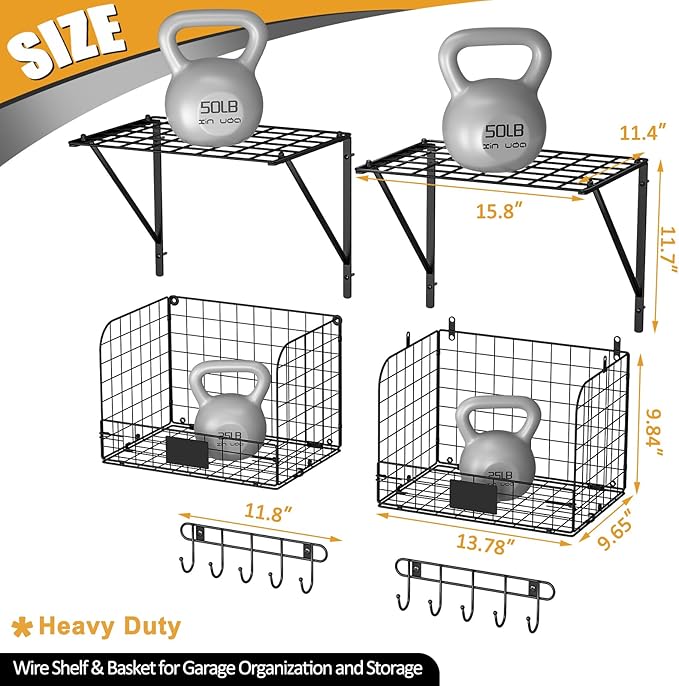 2 Pack Garage Shelves Wall Mounted with Wire baskets, Heavy Duty Garage Wall Shelving with Hooks, Wire Shelf Baskets Tool Organizer for Home Garden Garage Organization and Storage