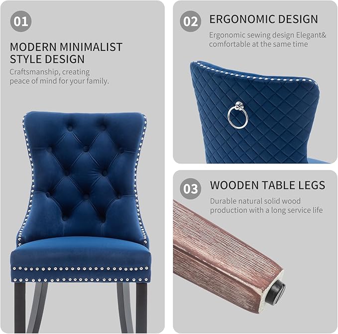 Velvet Dining Chairs Set of 4, Upholstered Dining Room Chairs with Nailhead Trim, Sillas de Comedor Modernas 4, Wooden Kitchen Chairs for Dining Room, Living Room, Kitchen, Bedroom, Blue
