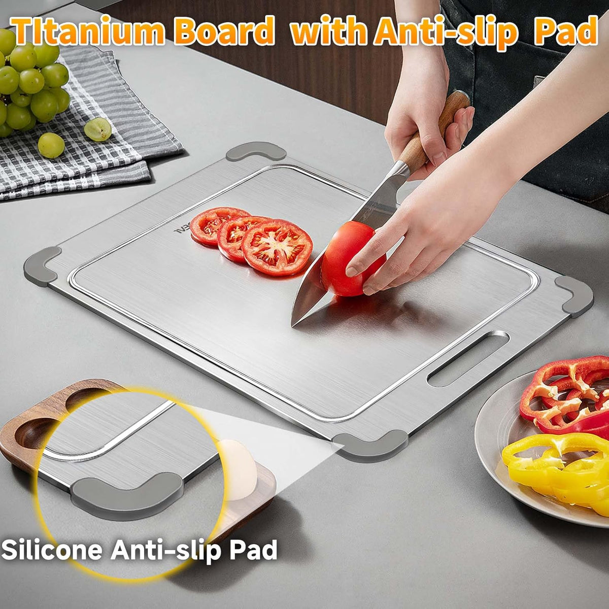 100% Pure Titanium Cutting Board with Grooves, Update Double Side Titanium Chopping Board, Silicone Anti-slip Stainless Cutting Boards for Kitchen 12 * 18 IN, Grey