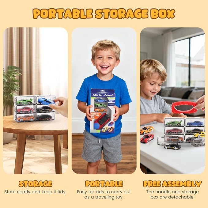 Die Cast Toy Cars with Catapult Launcher (Middle) | 2 die-cast sports cars with a manual press launcher for indoor racing and vehicle-themed play.