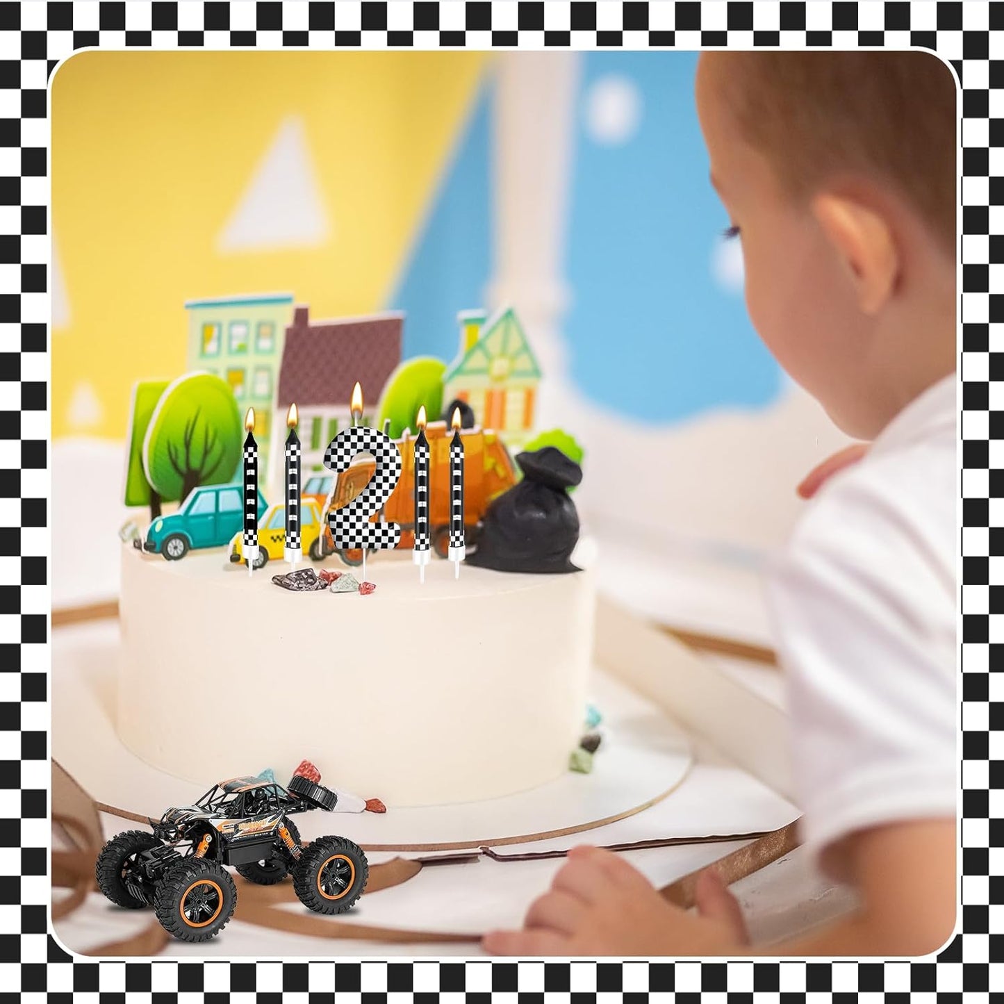 13 Pcs Racing Cars Themed Birthday Candles Black and White Race Number 2 Checkered Candle Cake Topper for Racing Car Party Decoration Supplies (Number 2)