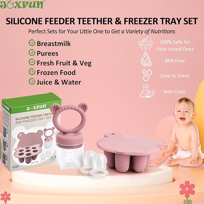 Silicone Baby Fruit Food Feeder & Mini Freezer Nibble Tray, Breastmilk Popsicle Molds for Baby Teething Relief, BPA Free Silicone Teething Toys Feeder for Safe Infant Self Feeding, Extra Food Pouches